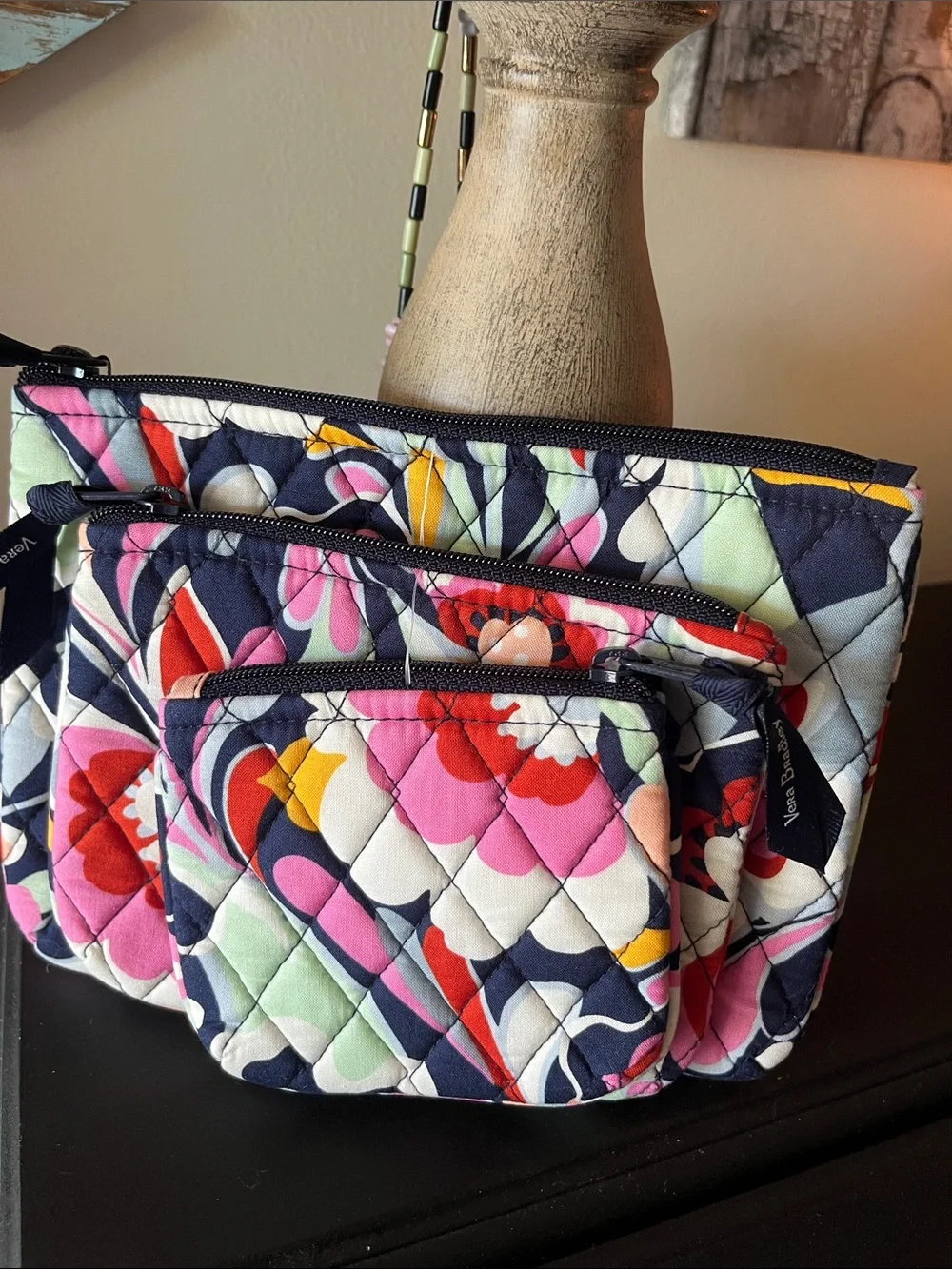 Vera Bradley NEW Mod Paisley Navy Floral Quilted 3pk Cosmetic Pouches